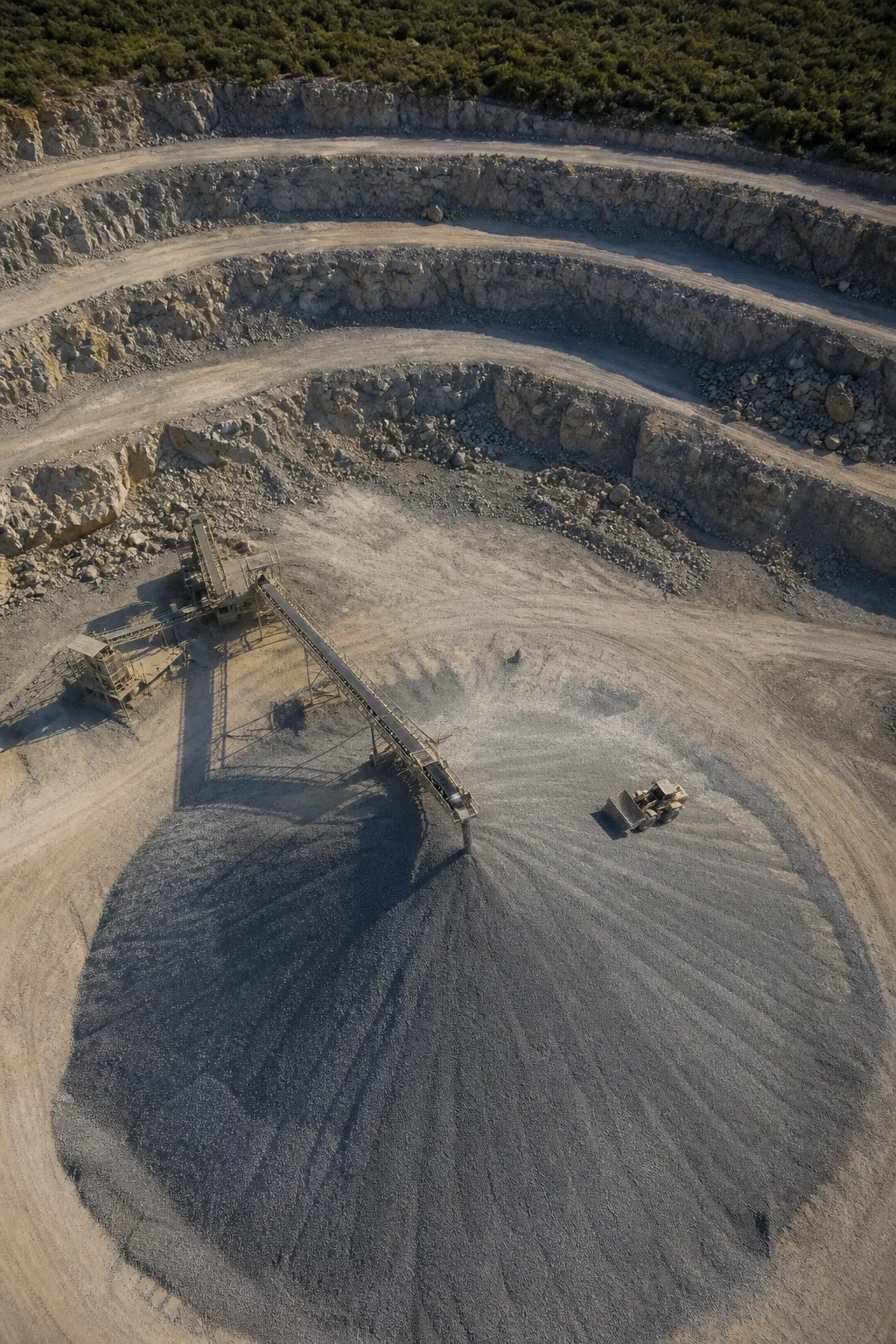 Illustration of a volume measurement: an aerial view of a working quarry, with a drawn region around a gravel stockpile and its volume labelled.